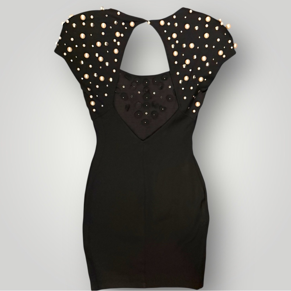 Vintage 1980s Eletra Casadei Pearl & Rhinestone Mini Black Dress - Size Medium - Picture 4 of 10